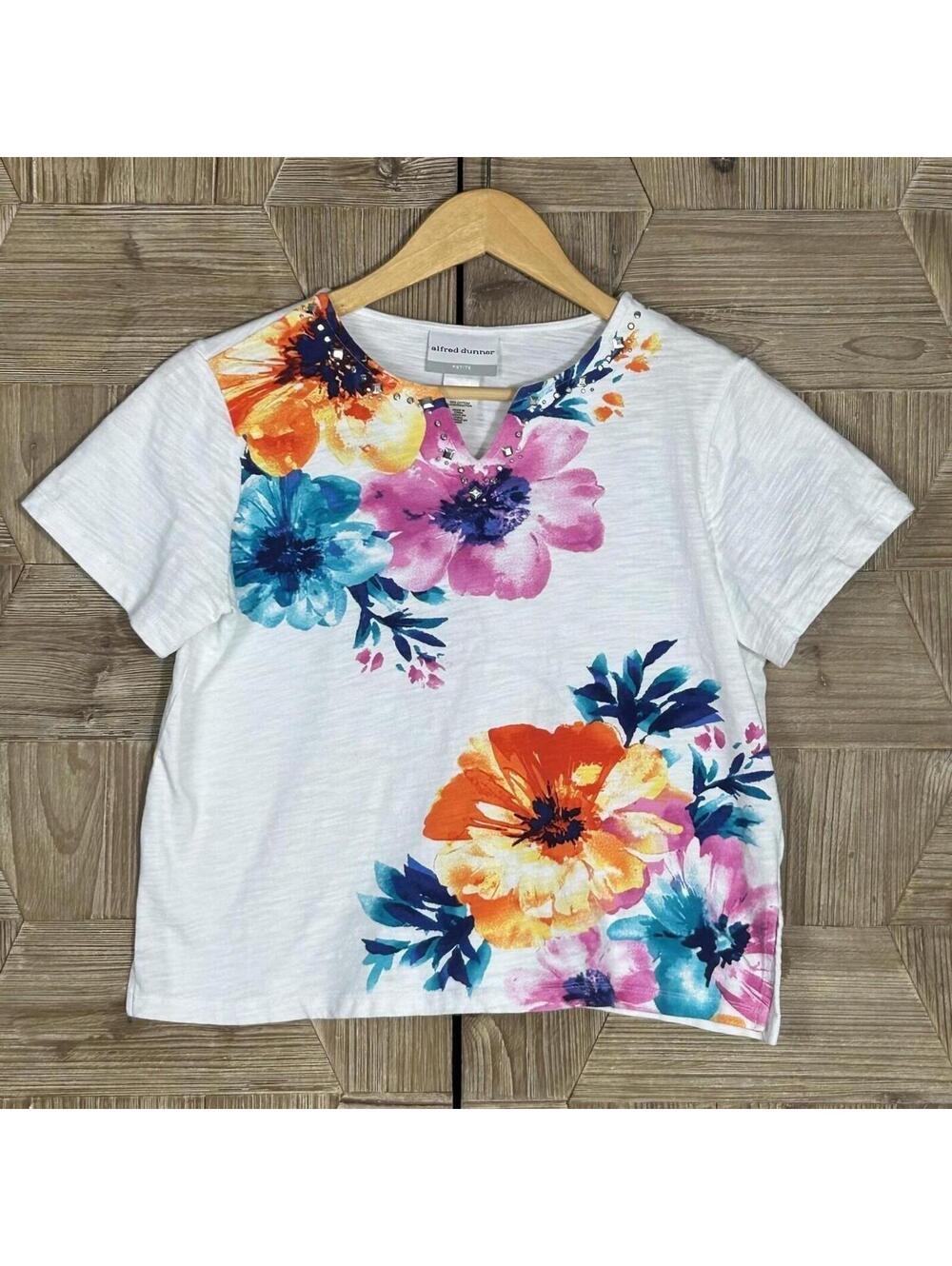 Alfred Dunner Cottagecore Floral Embellished Cotton Top White PS Softgirl